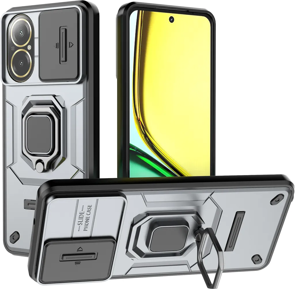 Custodia per Realme C67 4G a doppio strato con protezione scorrevole della fotocamera e supporto ad anello, stand Grey