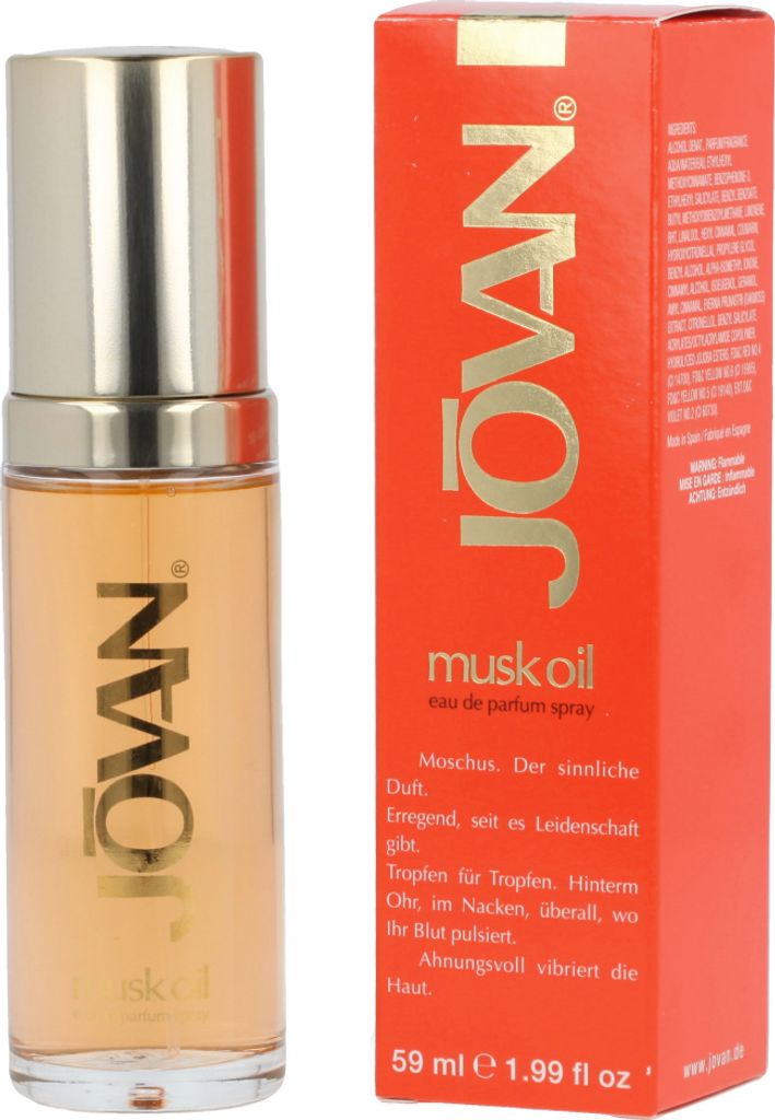 A bottle of Jovan Musk Oil Eau de Parfum Spray and its packaging are shown against a white background.
