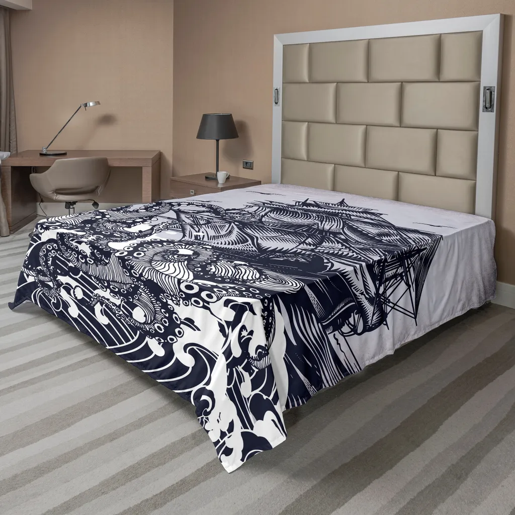 Drap plat nautique Abakuhaus motif pieuvre et bateau indigo 275x260 cm