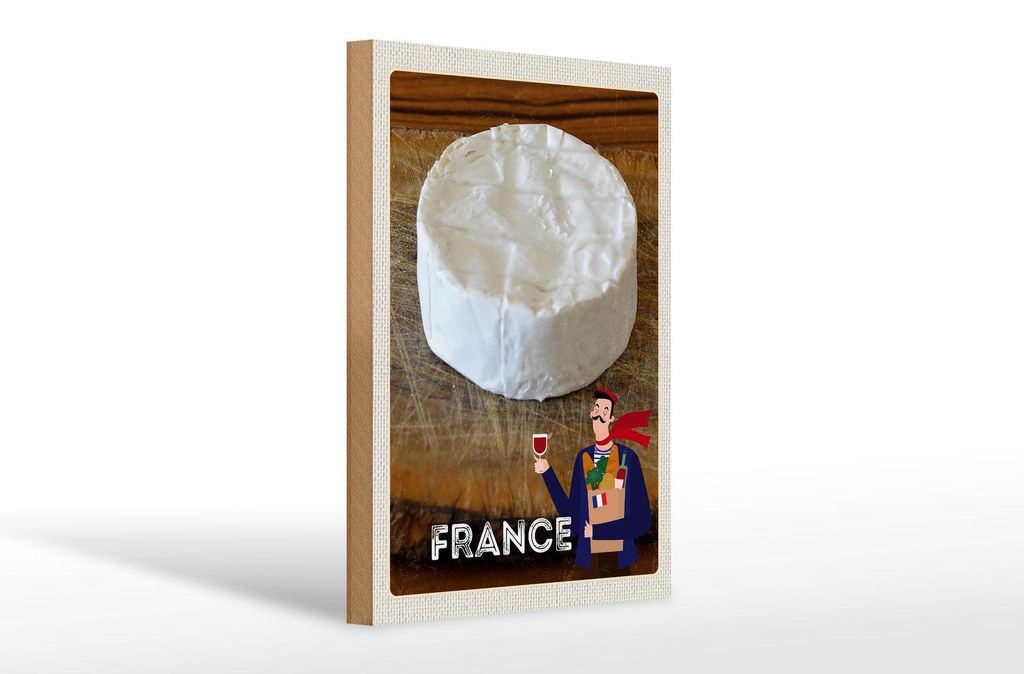 Holzschild Reise 20x30cm Frankreich Camembert Käse Baguette