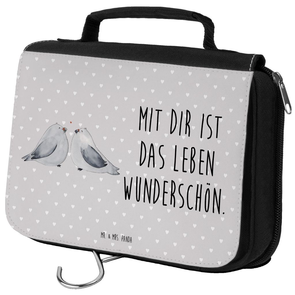 Mr. & Mrs. Panda Kosmetiktasche Turteltauben Liebe - Grau Pastell - Geschenk, Freundin, kosmetiktäschchen, Tauben, Kulturtasche, Hochzeitstag, Par...