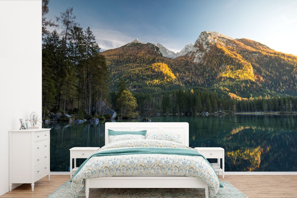 MuchoWow Fototapete für Wohnzimmer oder Schlafzimmer Wandtapete Vinyl Motivtapete Alpen - Berge - Bäume - See - 450x300 cm - Gemusterte