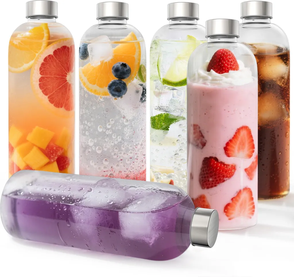 VA-Cerulean bottiglie di vetro con coperchio set di 6 bottiglie da 1000ml in vetro borosilicato bottiglia ermetica bottiglia d'acqua in vetro con coperchio protettivo bottiglia di vetro per bere bottiglie di succo di frutta con spazzola di pulizia inclusa