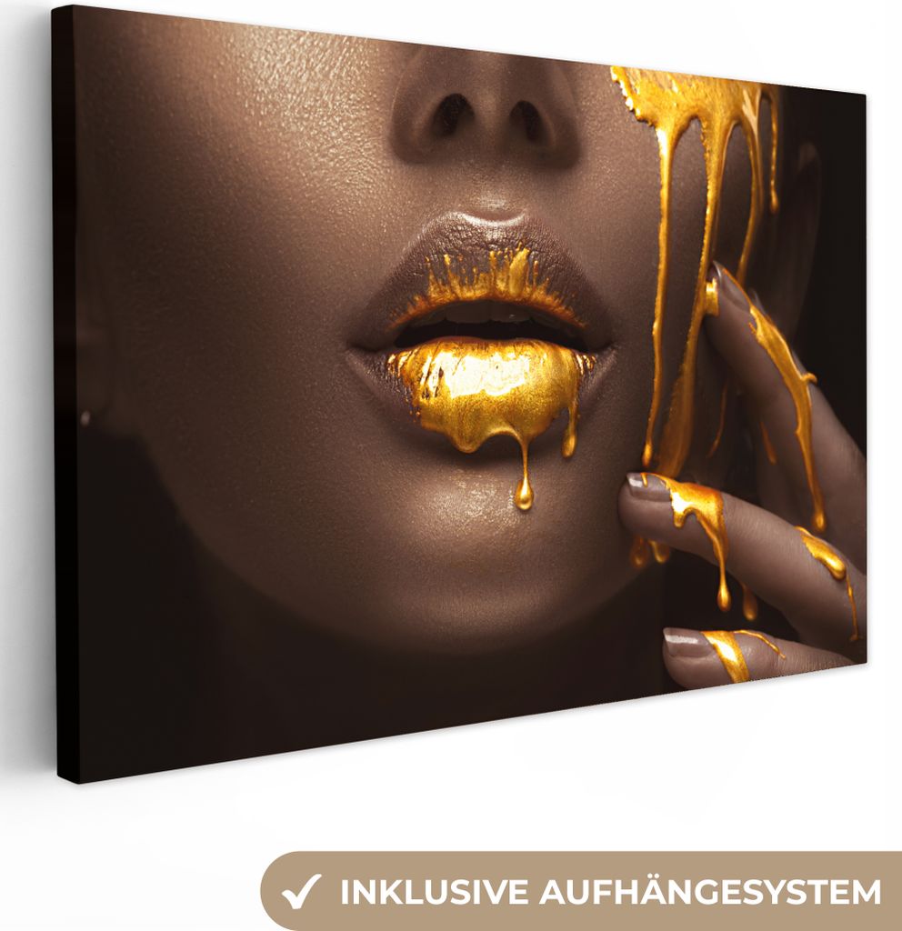 MuchoWow - Leinwandbilder - Gold - Frau - Farbe - Lippen - Luxus, Wandbild, Wanddeko Bilder Wohnzimmer, 60x40 cm