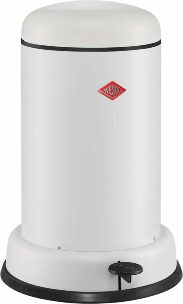 A white pedal bin with a black base and lid trim.