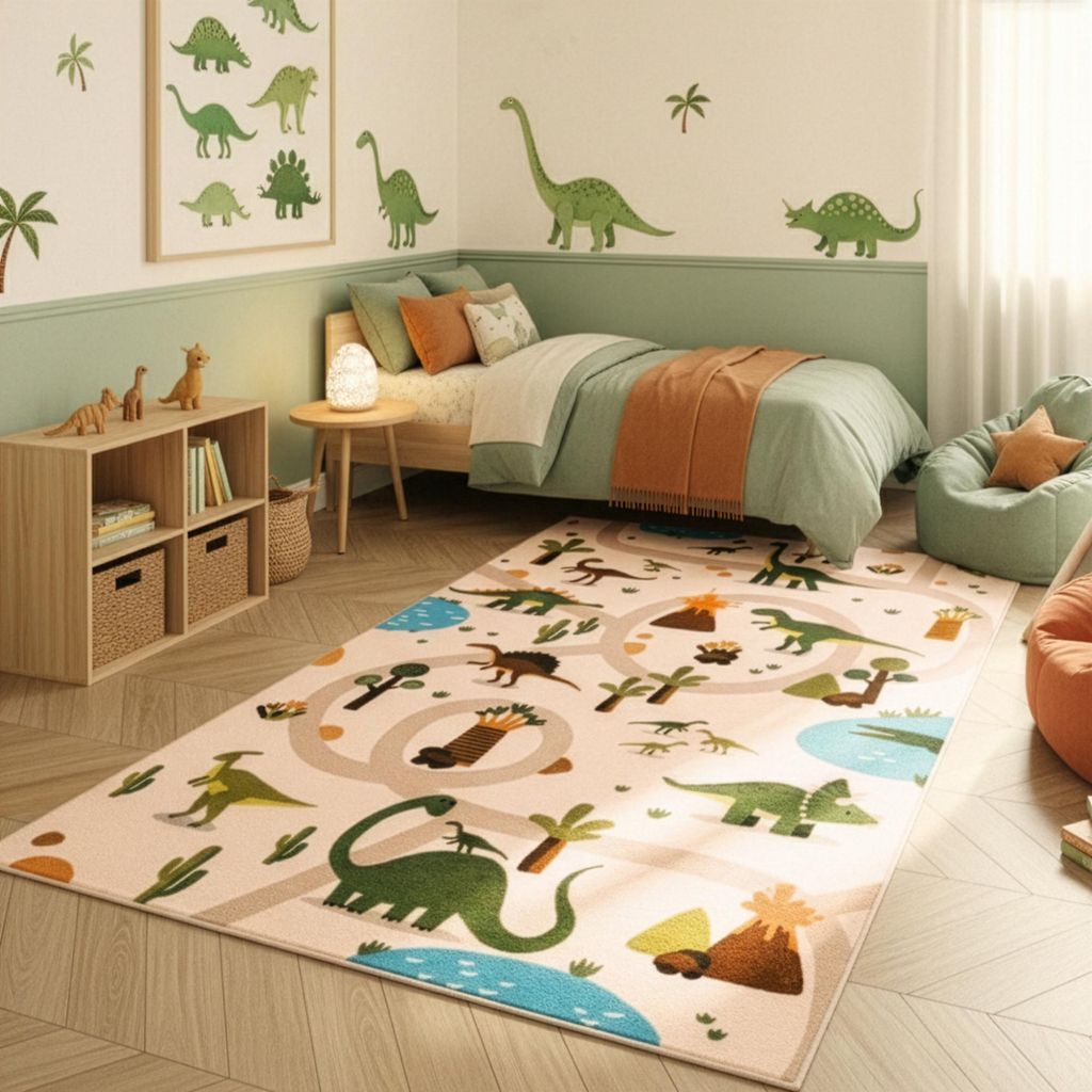 SIMPEX Kinderteppich Dinosaurier Spielteppich für Kinderzimmer Dinomotiv fördert Kreativität und Lernen Größe: 160x230 cm , Farbe: Beige-1