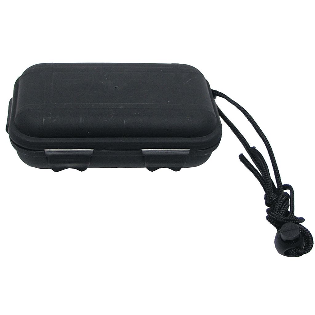 A black waterproof survival container box with a lanyard is shown against a white background.
