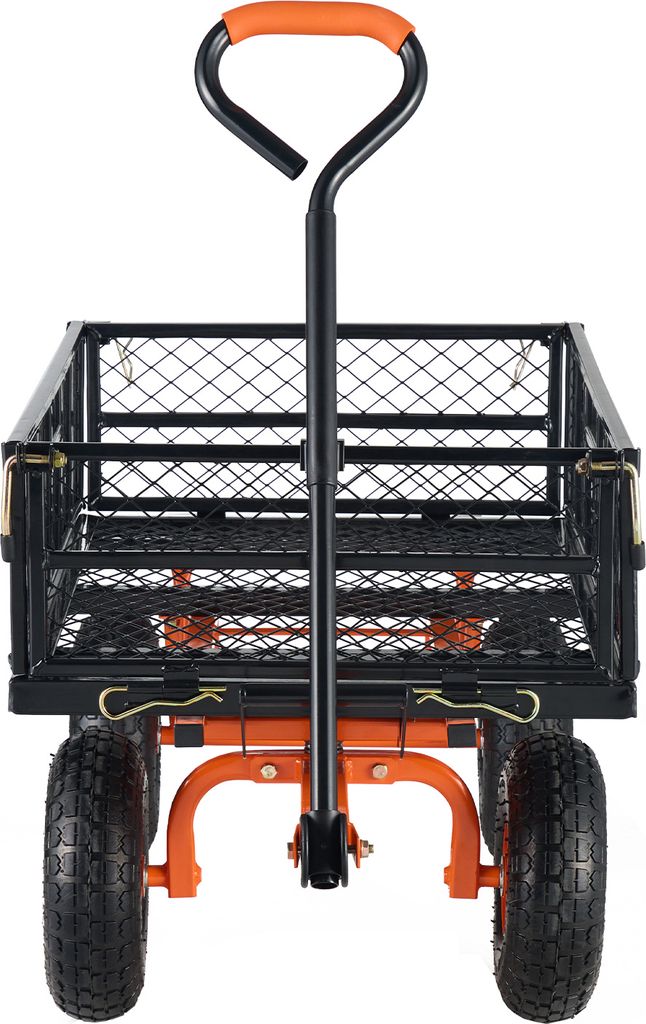 A front view of a black and orange garden wagon with four wheels and a handle.