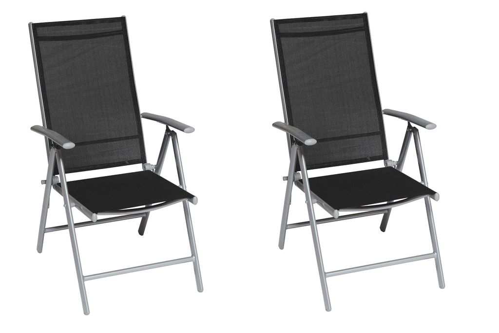Two black folding garden chairs shown from the front.