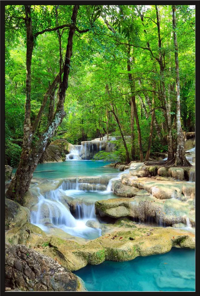 Poster Cascades Thaïlande avec Vitre Acrylique et Cadre Shinsuke® Noir