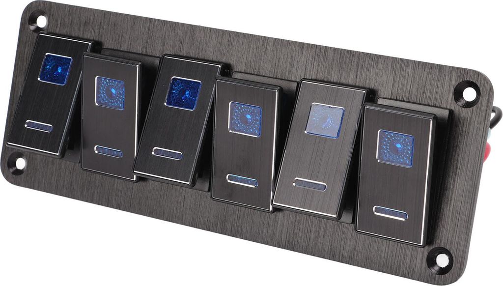 6-Gang-Wippschalterfeld, wasserdicht, blaue Hintergrundbeleuchtung, Aluminiumlegierung, schwarz eloxiert, für Auto, LKW, Wohnmobil, Boot, DC12V-24V