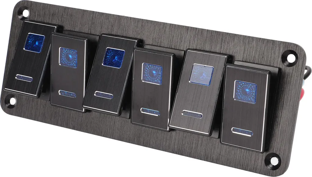 Pannello Comandi 6 Interruttori Blu Alluminio Nero per Auto e Camper