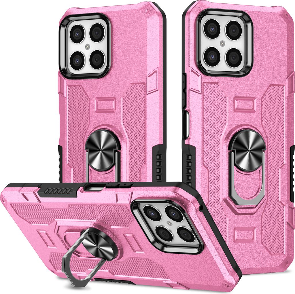 Honor X8 Hülle, Dual Layer Robuste Rüstung Ringhalter Ständer Schutzhülle für Honor X8 Pink