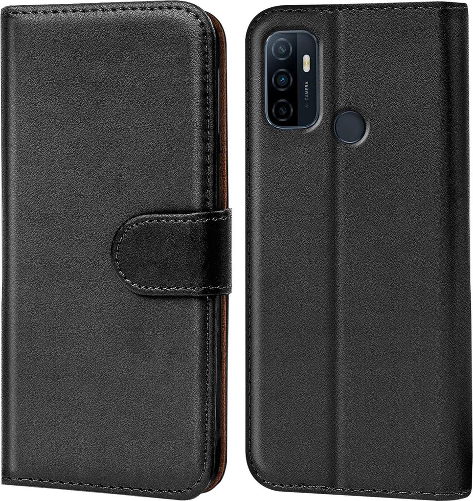 A black flip case for a smartphone is shown, with the phone inserted in the right half of the case.