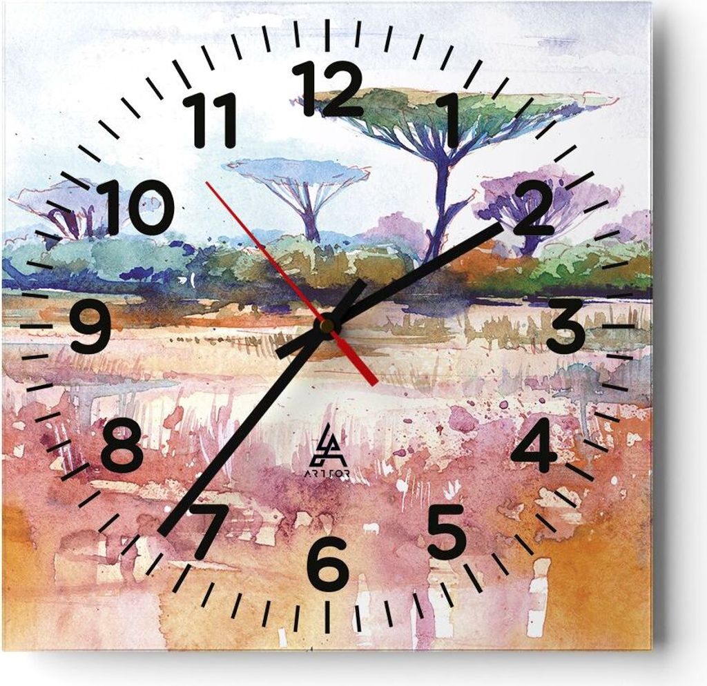 Wanduhr - Quadrat - Glasuhr - Aquarell Savanne Bäume - 30x30cm - Schleichendes Uhrwerk - Lautlos - zum Aufhängen bereit - Dekoration Modern - Wan...