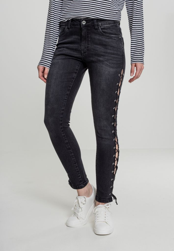 Urban Classics Damen Hose Ladies Denim Lace Up Skinny Pants Black Washed-28