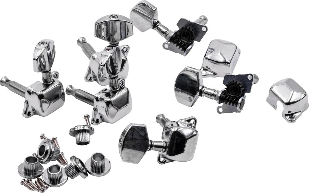 vhbw Stimmwirbel Mechaniken Pegs 3R3L für Gitarre, E-Gitarre, Akustikgitarre, Banjo - Gitarrenwirbel, Stimmmechanik, 8 mm Aufnahme Silber