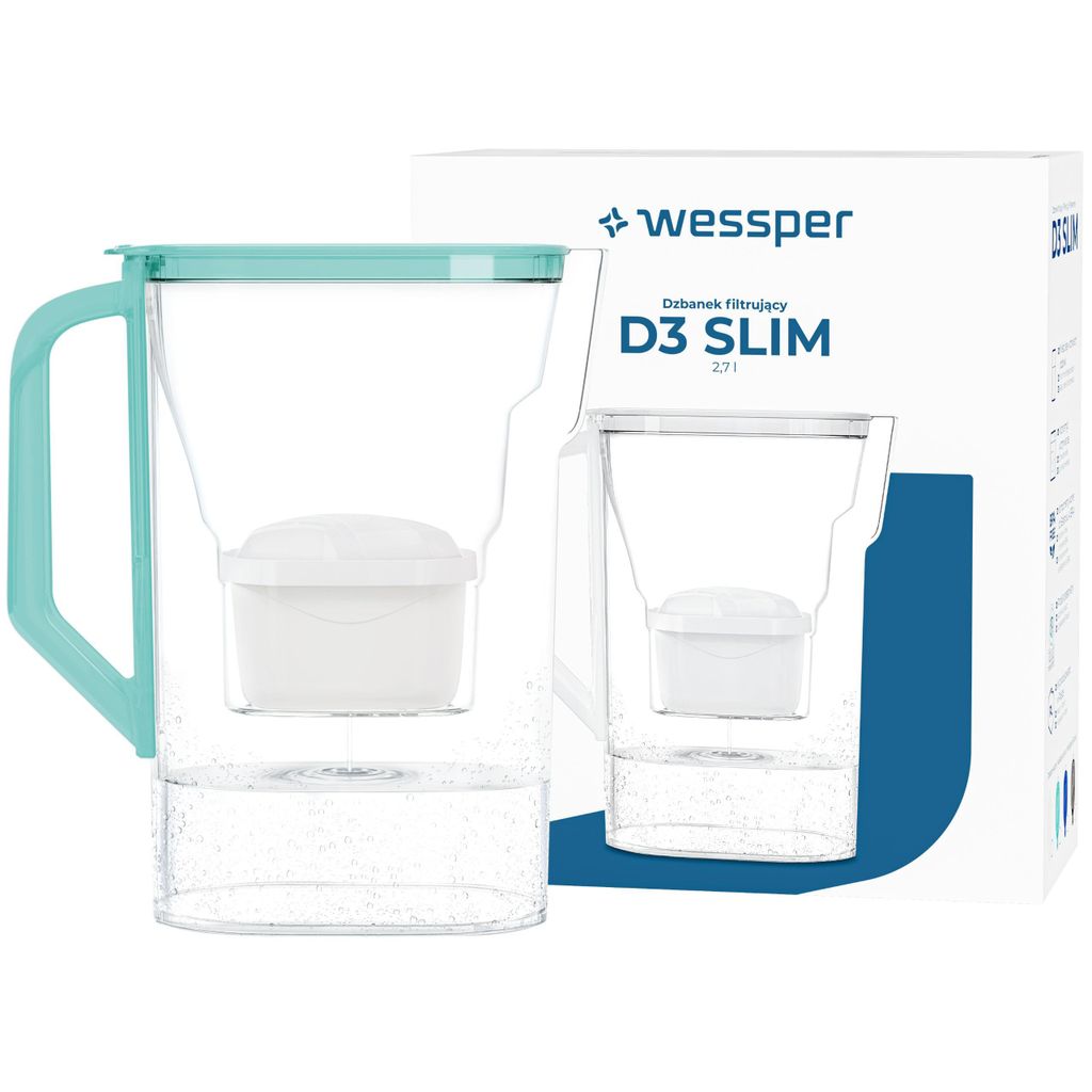 Wessper D3 SLIM Wasserfilterkanne 2,7 L Mint mit 1x aquamax Produktbild 