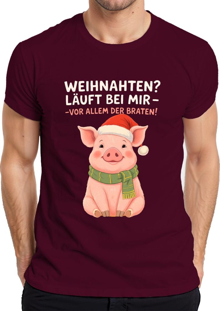 Weihnachten Schwein Ferkel Braten niedlich lustig Geschenk Santa Herren T-Shirt, Burgundy, XXL