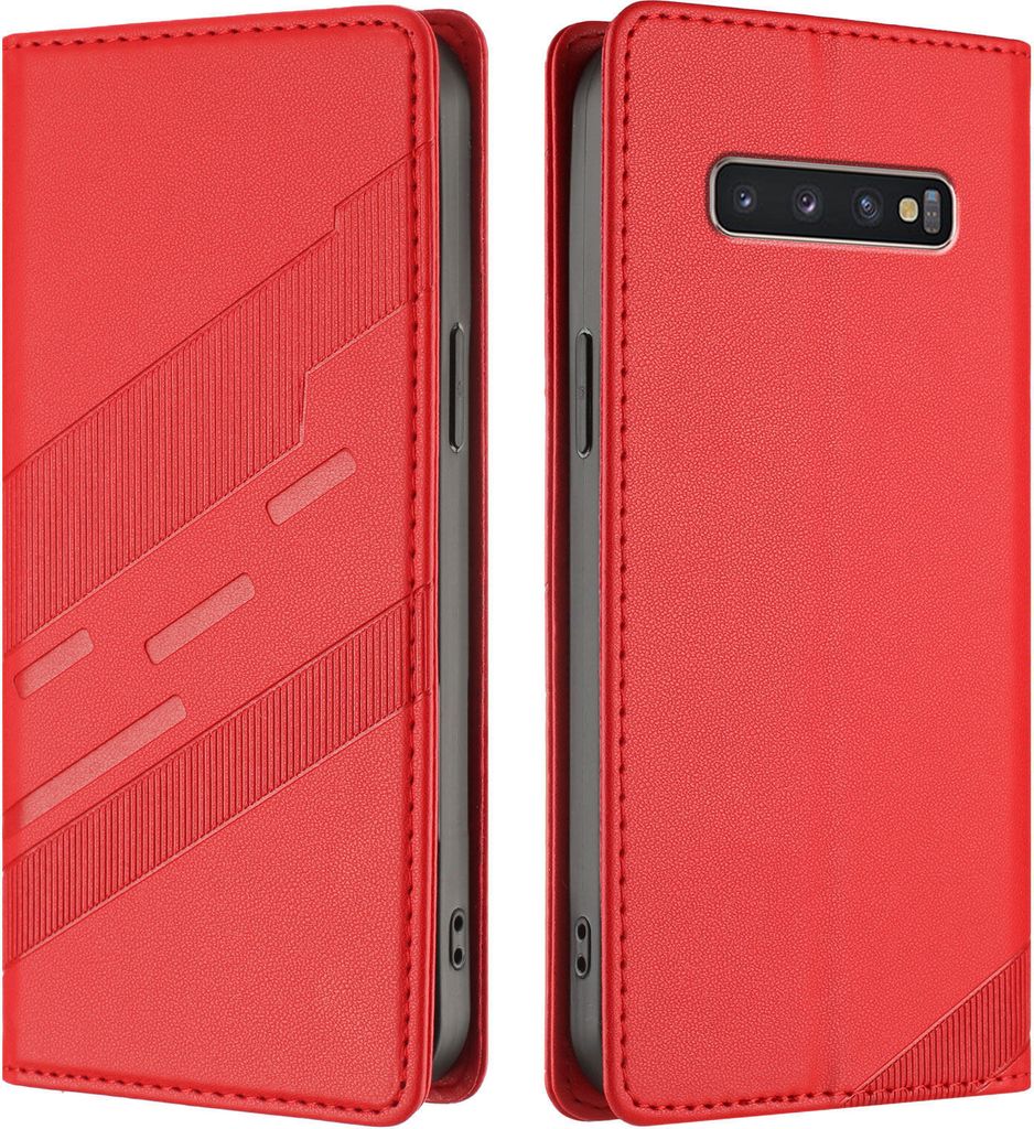 Hülle für Samsung Galaxy S10+, Kunstleder Brieftaschen Handyhülle mit Kartenfach und Standfunktion Rot