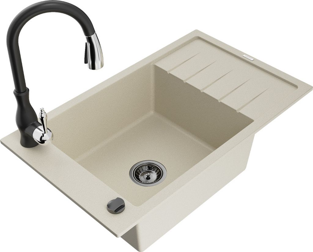 Mexen Elias 1 Becken-Granitspüle mit Abtropffläche und Mischbatterie Savita, Beige - 6511-69-672601-70