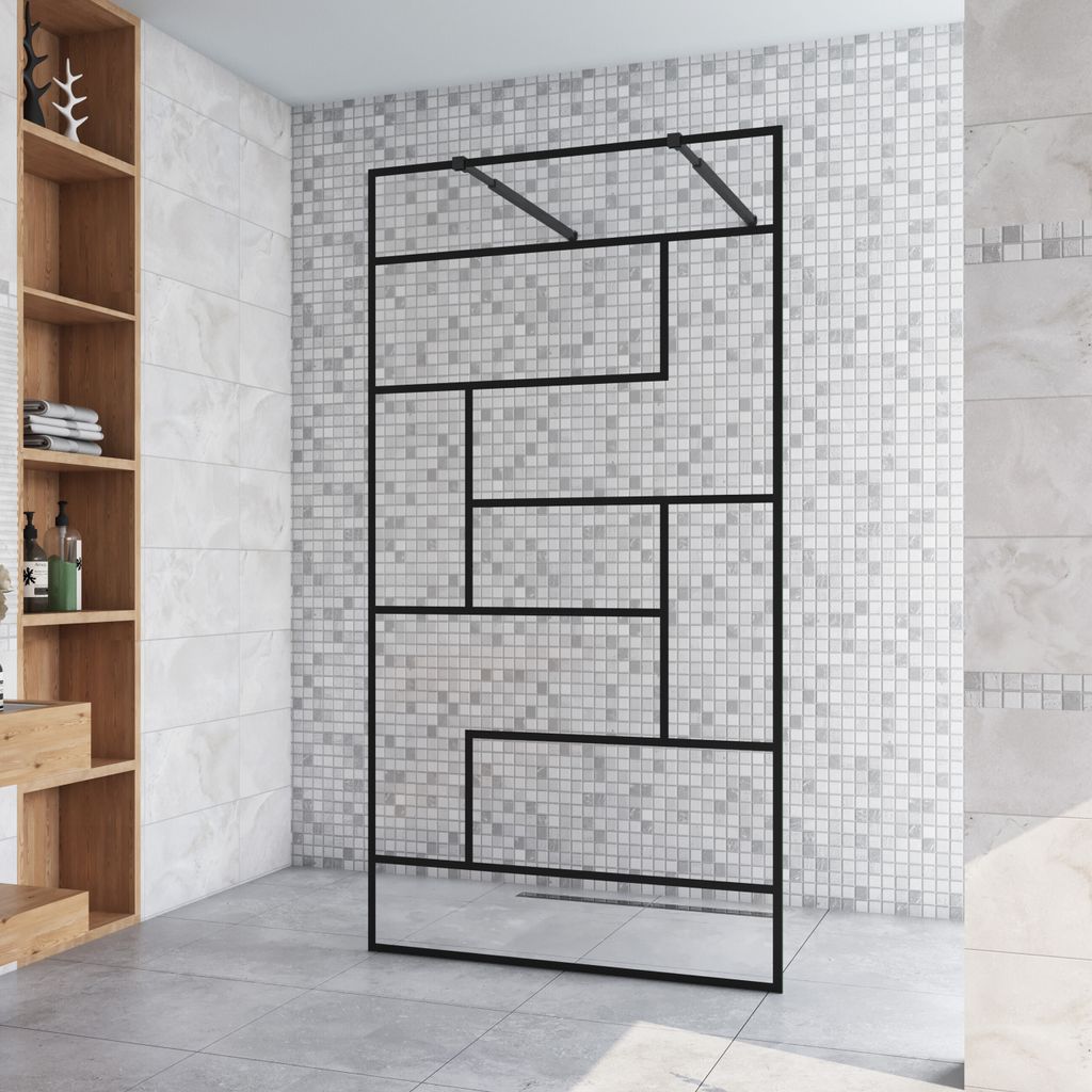 87.7x200cm+ mit 2 73-120cm Schwarz Stabilisator 8mm Nano Sicherheitsglas Walk in unregelmäßige Form Streifen Duschwand Duschabtrennung