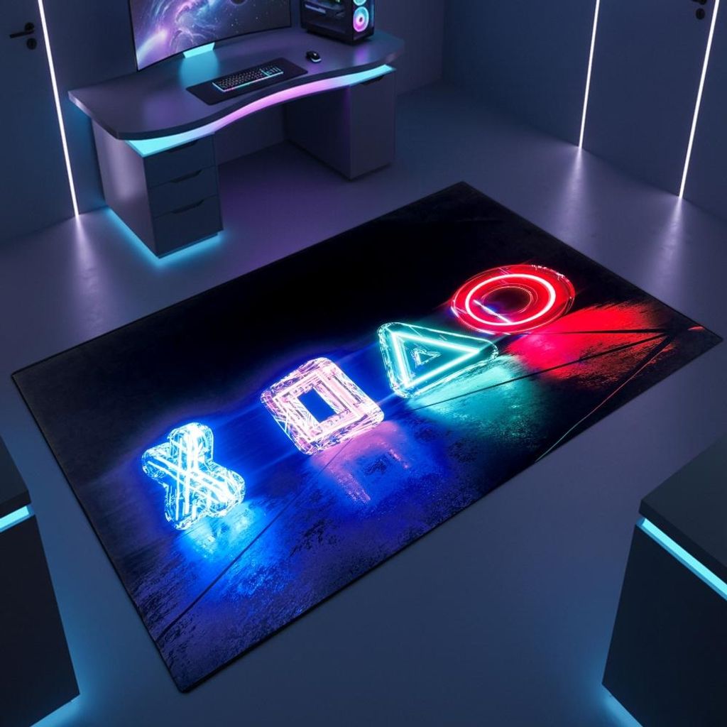 Gamingteppich rutschfest mit Neonfarbenen LED-artigen Symbolen als Muster Größe - 80 x 120 cm