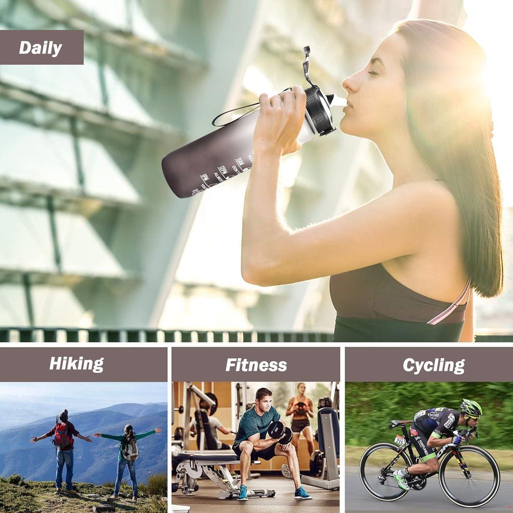 Auslaufsichere 1-Liter-Wasserflasche mit Zeitmarkierung und Strohhalm für Inspiration und Hydratation