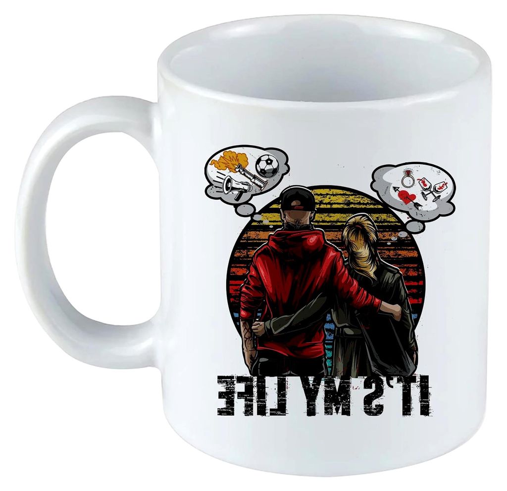Kaffeebecher "It's My Life" | Tasse mit Paar- und Fußballmotiv – Fanbecher mit Statement – Geschenkidee für Stadion und Freizeit | Weiß