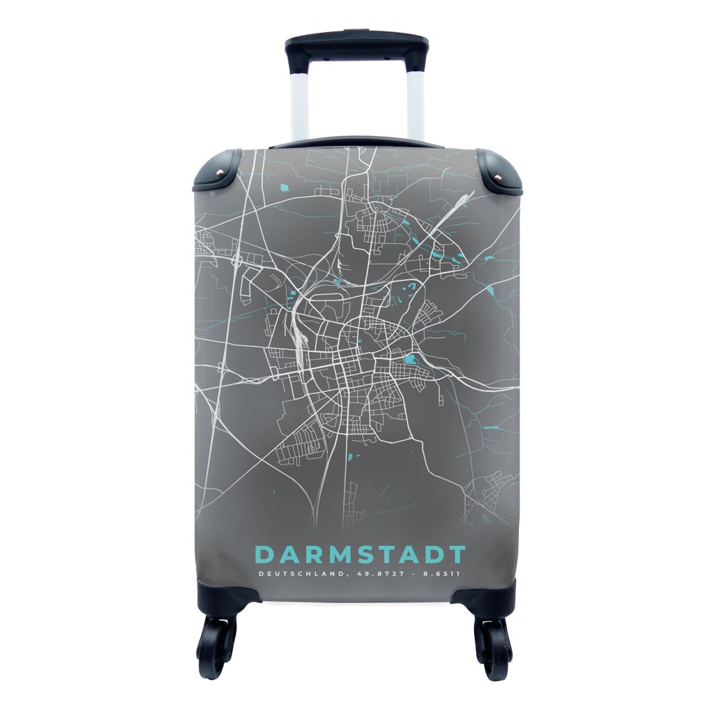 MuchoWow Koffer Handgepäck Trolley Rollkoffer Kleine Reisekoffer mit 4 Rollen - Darmstadt - Stadtplan - Blau - Karte - Deutschland - Cabin Size ...
