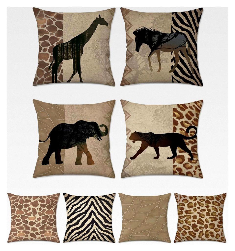 4er Set Kissenbezüge mit afrikanischen Tiermotiven 50 x 50 cm Doppelseitig Giraffe Zebra Polyester Leinen Dekorative Kissenhülle Zierkissenbezüg...