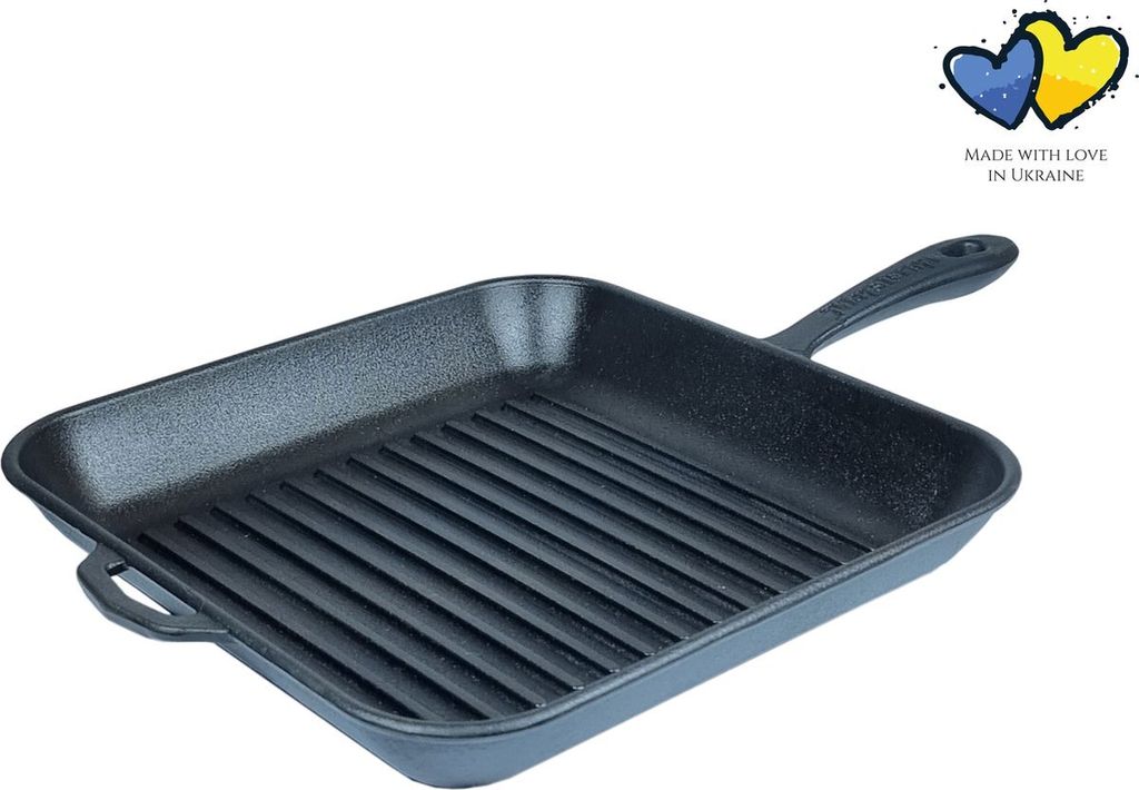Grillpfanne aus Gusseisen mit Metallgriff – 28 x 28 x 4 cm – Steakpfanne – Gusseisenpfanne für alle Wärmequellen – PFAS-frei – Schwarz