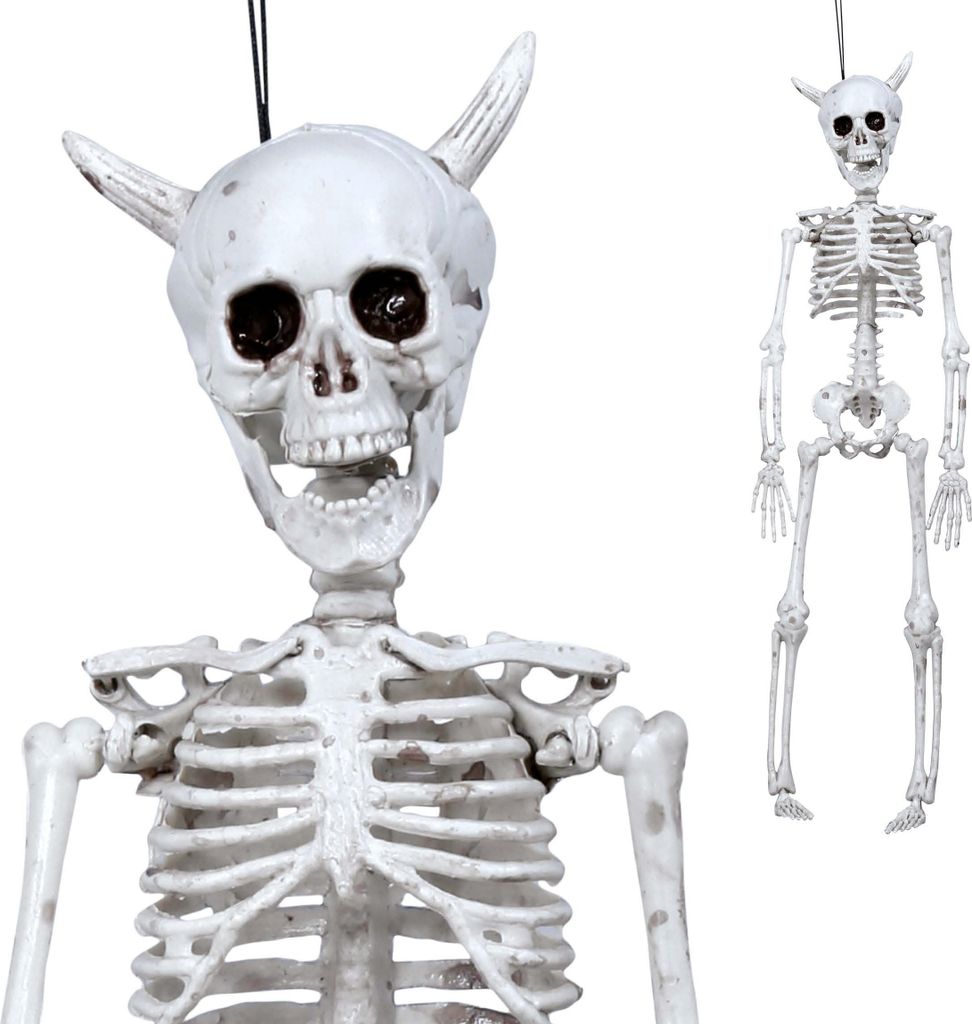 Skelett Halloween Hängefigur Deko Teufel Schädel Horn Geisterparty Gruselig Unheilvolle Atmosphäre, Farbe: Weiß