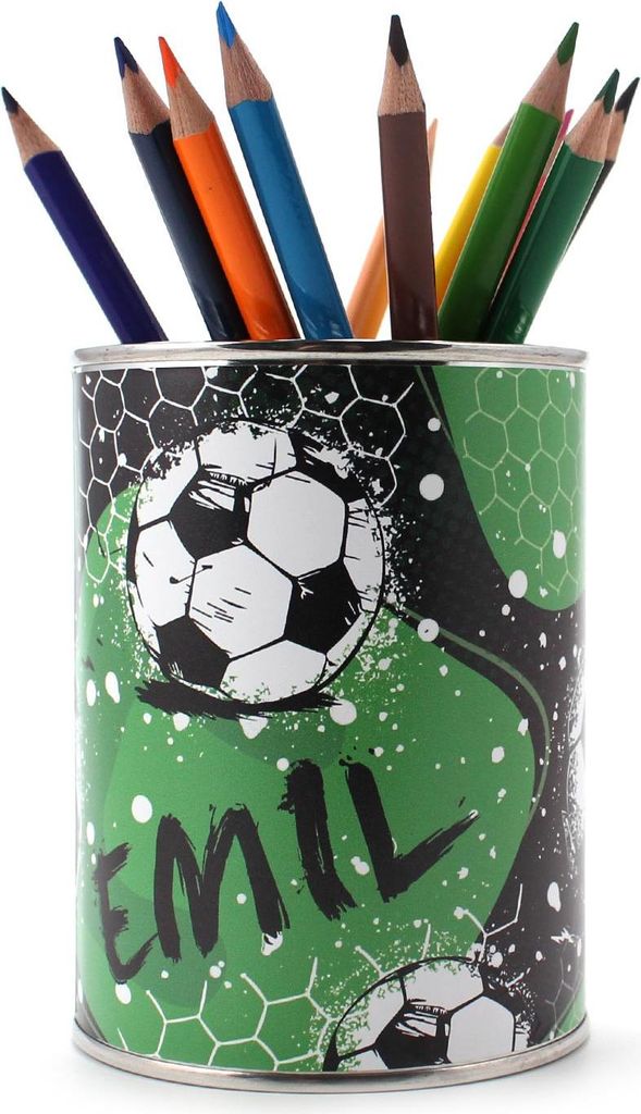 personalisierter Stiftebecher Fussball mit Namen - OHNE STIFTE - Stifteköcher Stiftehalter