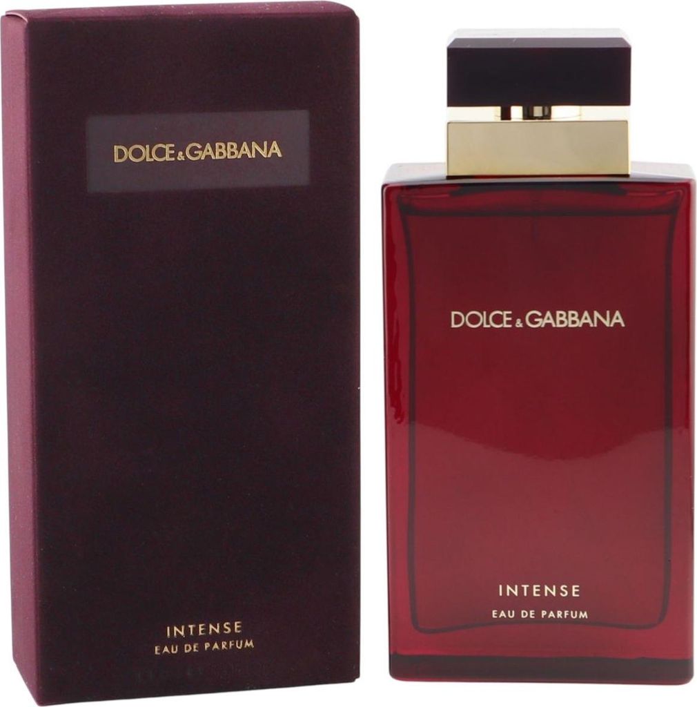 Elegante burgunderrote Box und passender Parfumflakon von Dolce & Gabbana Intense, goldene Schrift und Kappe.