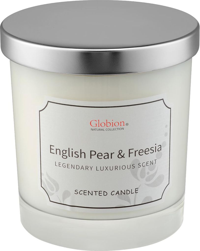 Duftkerze „Englische Birne & Freesie“ im Glas mit Deckel, 200 g, 45 Stunden Brenndauer – ideal fuer Zuhause, als Geschenk fuer Frauen und Mae...