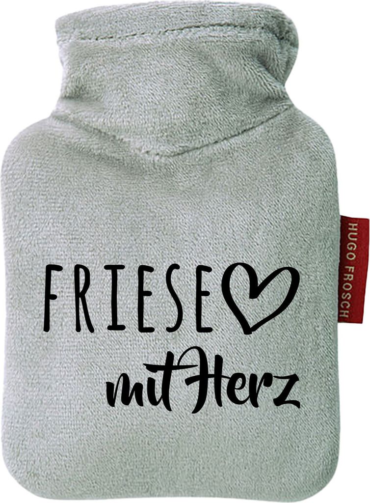 Huuraa Mini-Wärmflasche Friese mit Herz 0,2 Liter Grey Mini Veloursbezug Taschenwärmer Geschenkidee