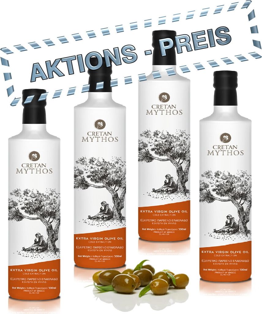 4x CRETAN MYTHOS 03013 Extra Natives Olivenöl 500ml Flaschen (AKTION 4 x 500ml = 2L)