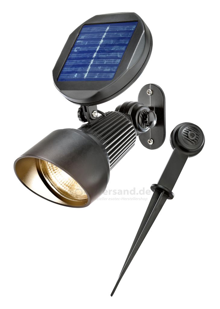 A solar-powered spotlight with a ground stake, shown against a white background.