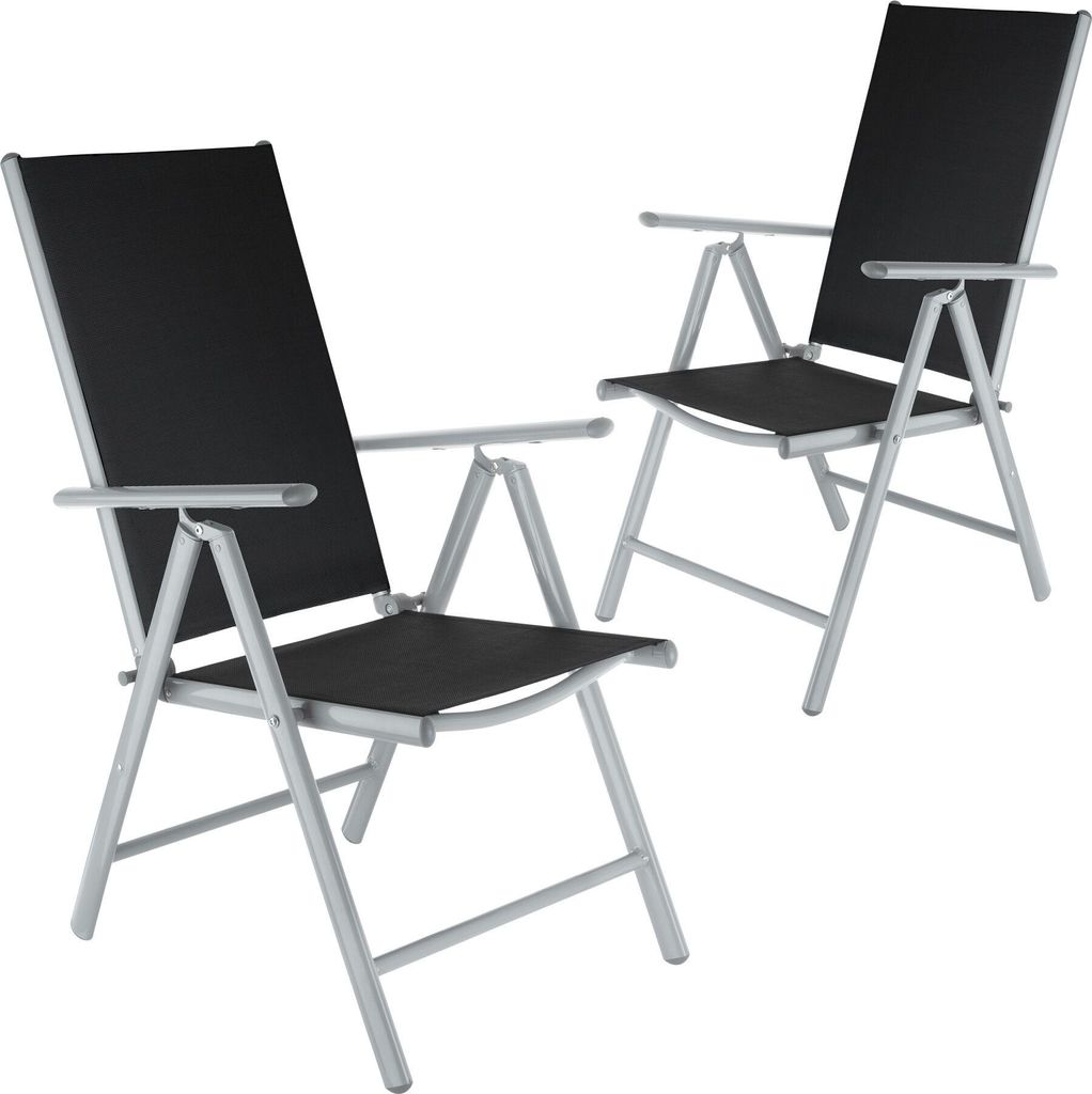 Two black folding garden chairs with silver frames are shown against a white background.