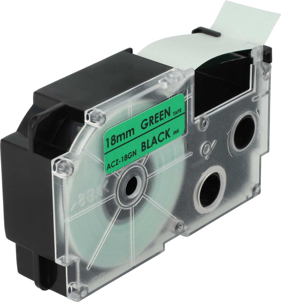 vhbw Schriftband-Kassette kompatibel mit Casio KL-130, KL-100E, KL-120, KL-1500, CW-L300 Etiketten-Drucker 8m x 18mm Schwarz auf Grün, pet+ RESIN