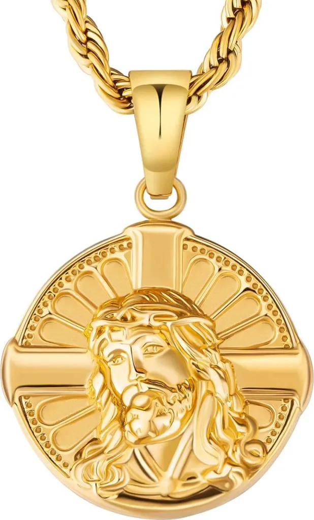 Pendentif Jésus pièce de monnaie en or 18K avec chaîne de 55cm en acier