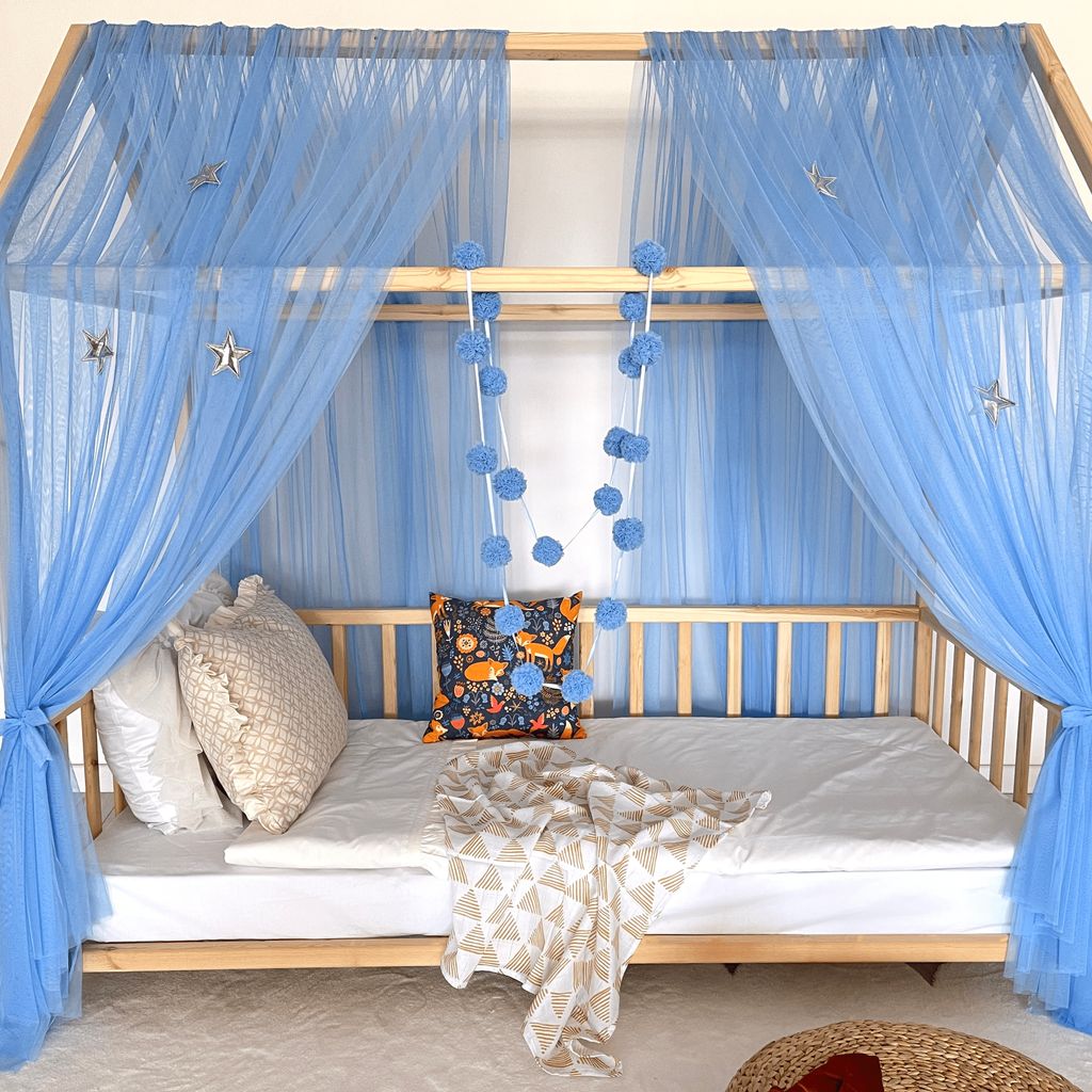 Hausbett Himmel Betthimmel blau für Kinderbett Kinderzimmer Baldachin Bettvorhang Betthimmel für Mädchen Prinzessin Zimmer 340cm
