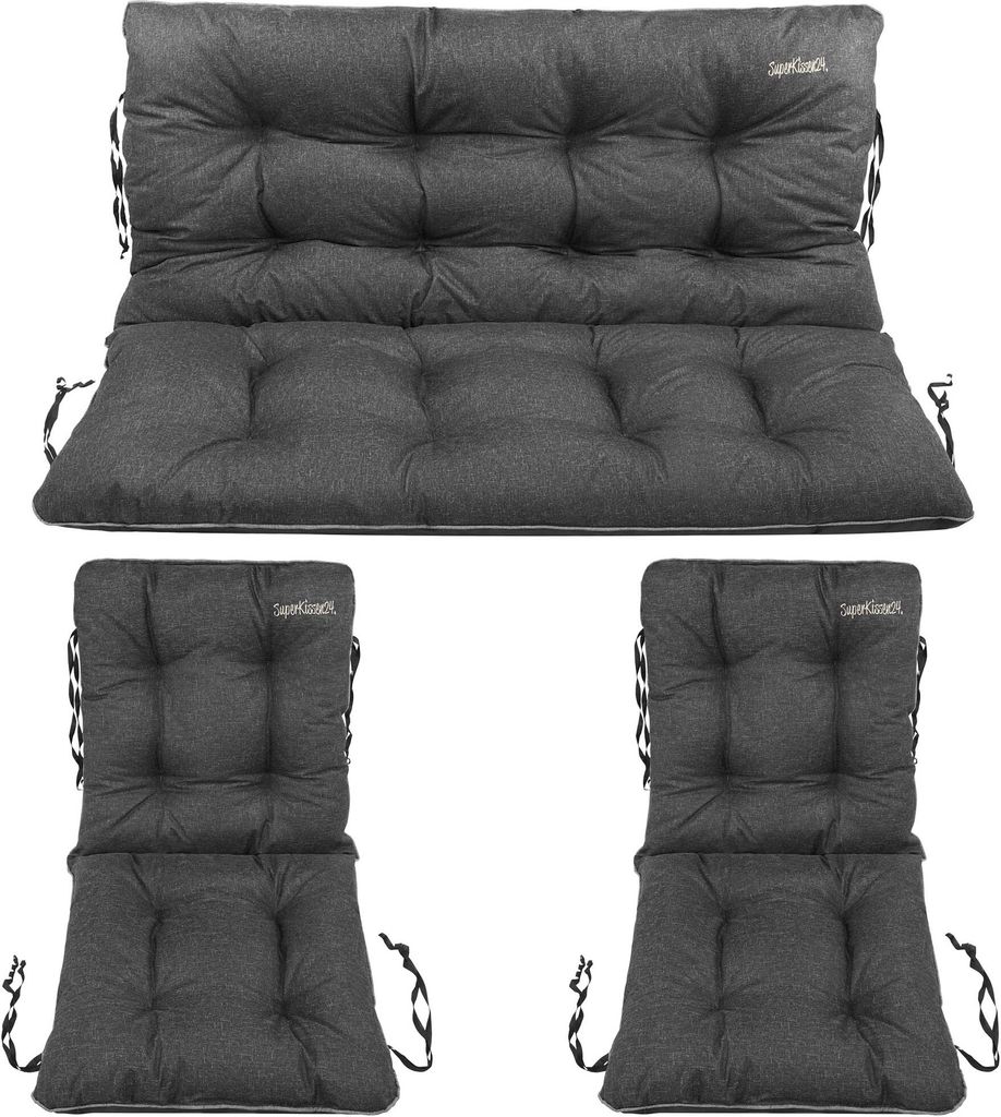 SuperKissen24. Sitzkissen Bankauflage für Gartenbank - Bankkissen Bankauflage 120x60x50 cm mit 2er 48x96 cm Stuhlkissen - Wetterfest - Schwarz Leinen