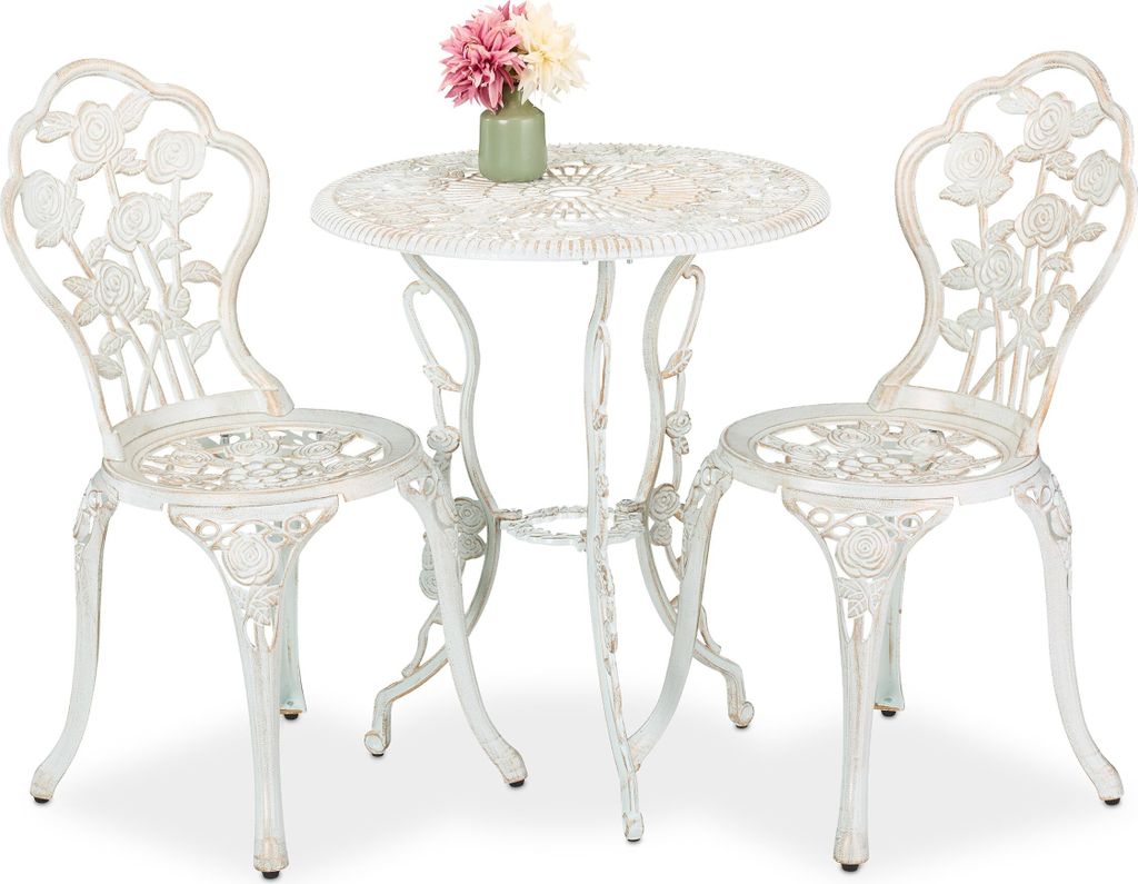 Relaxdays Gartenmöbel Set, 3-teilig, Tisch & 2 Stühle, Vintage Balkonmöbel, Aluguss, Garten Sitzgruppe, weiß/bronze