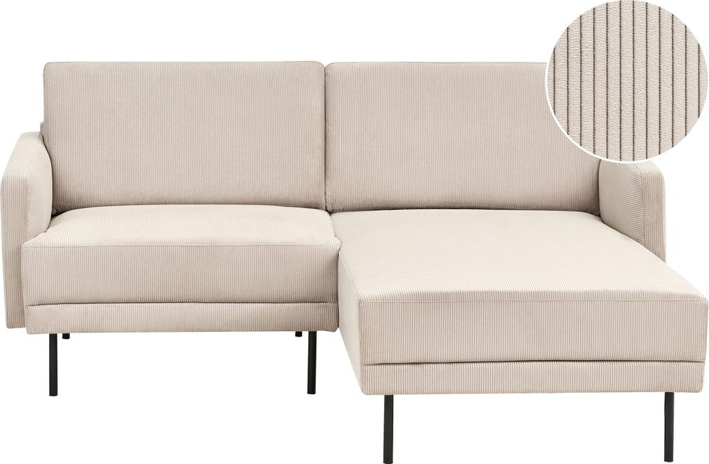 BELIANI Ecksofa Beige Cord Linksseitig 2-Sitzer Sofa mit Schwarzen Metallfüßen Glamour Modern Wohnzimmer Büro Arbeitszimmer Wohnküche Esszimmer