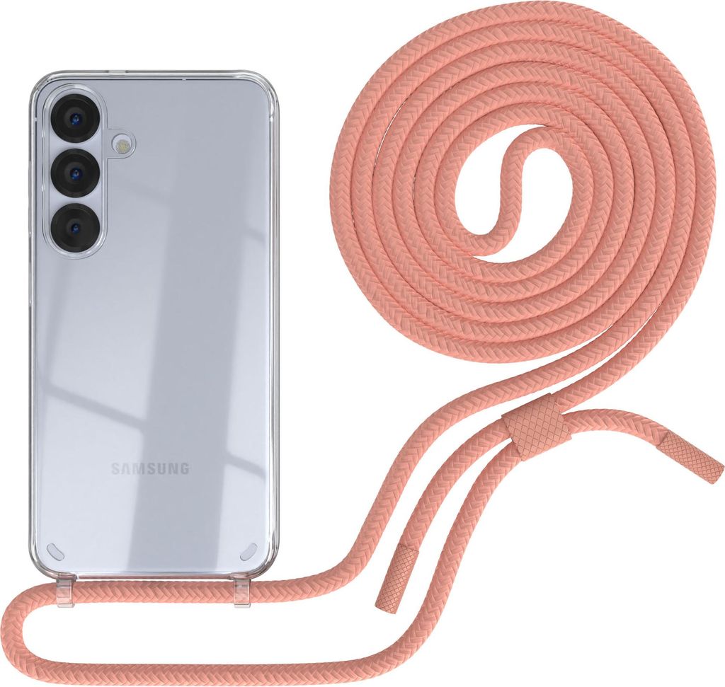 EAZY CASE Handykette für Samsung Galaxy S25, Clear Case aus Silikon, mit Umhängeband, abnehmbare Endstücke, Handyband in Rosa