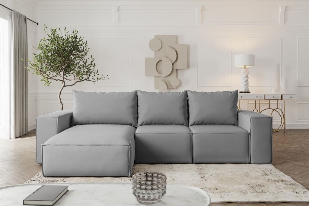 Ecksofa mit Schlaffunktion ESTELLE in Stoff Opera Velvet Grau Ottomane Links