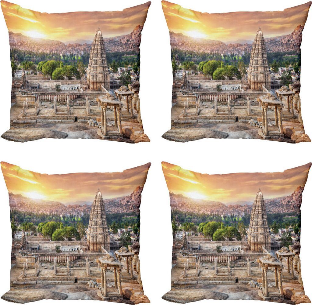 ABAKUHAUS asiatisch Kissenbezug Set (4 Stück), Tower-Gebäude am Sonnenuntergang, Moderner Doppelseitiger Digitaldruck, 45 cm x 45 cm, Orangencreme