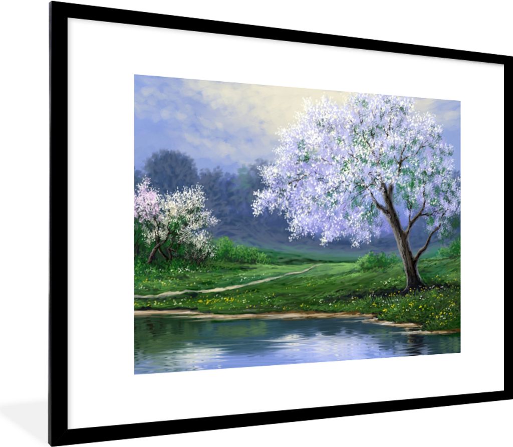 MuchoWow Gerahmtes Poster Malerei - Baum - Blüte - Natur - Wasser 80x60 cm - Poster mit Schwarzem Bilderrahmen Wandposter Rahmen Foto Bilder - S...
